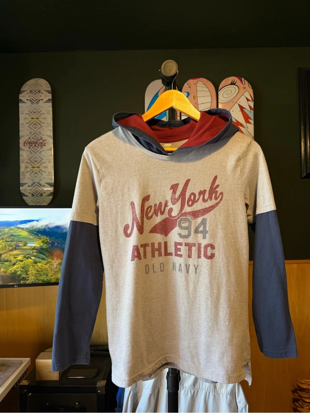 Old Navy Men's New York Athletic Hooded Long-Sleeve Tee - Gray & Navy